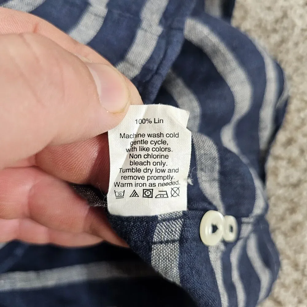 J Crew Shirt Mens Medium Blue Gray Striped Linen Button Pocket Casual Beach